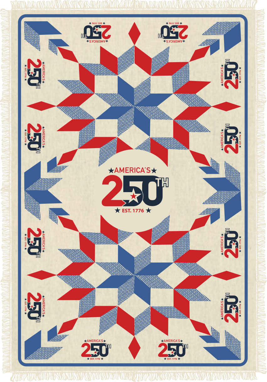 250-BLANKET-Patriotic-Quilt Patriotic tapestry rug commemorating America's 250th anniversary, with red/blue geometric star motifs and a central 250th circle.