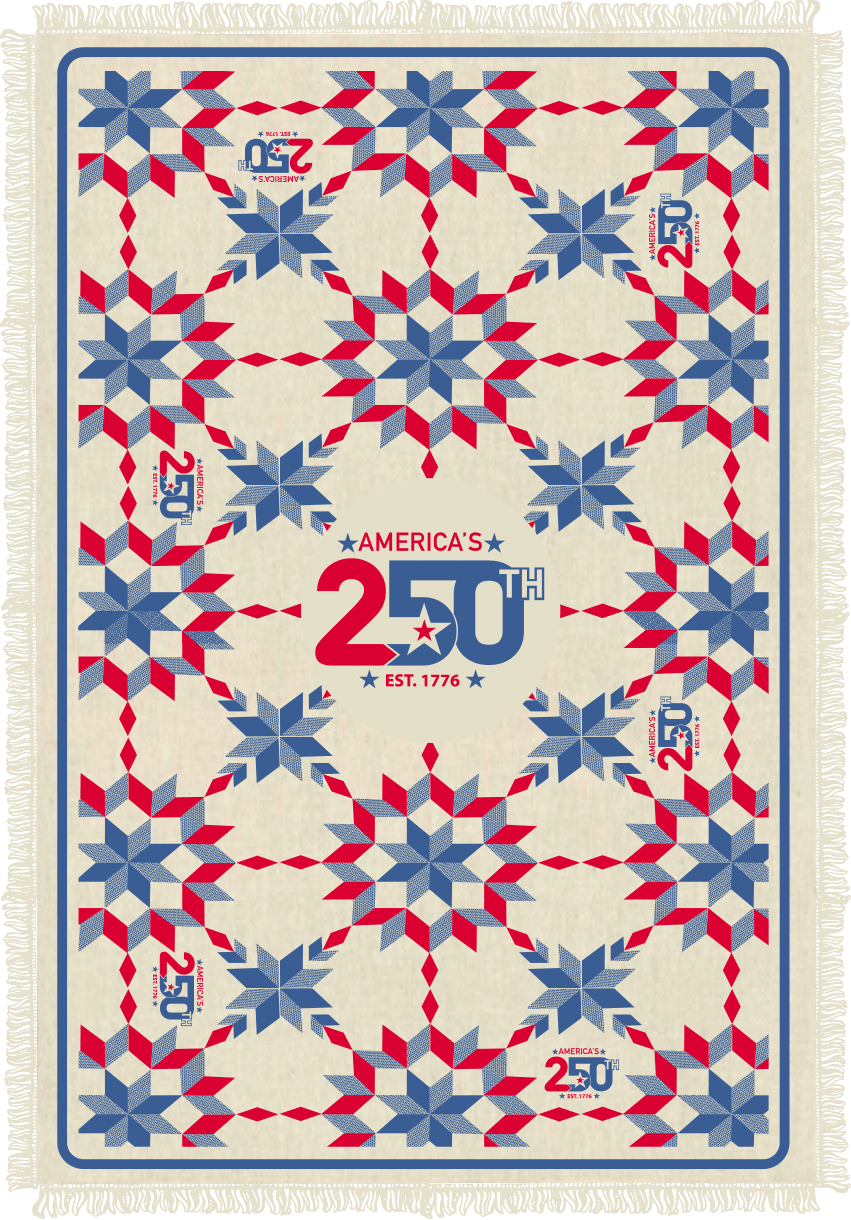 Commemorative quilt-style poster for America’s 250th anniversary (EST. 1776) in red, white, and blue.