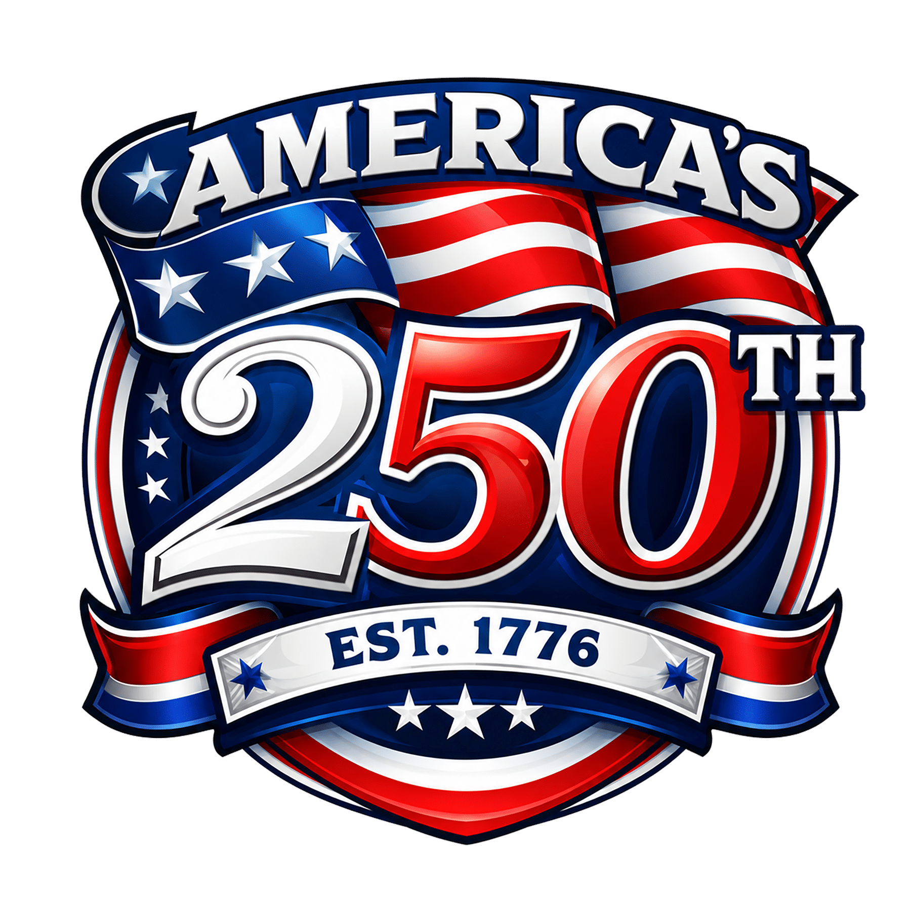 250th Year logo - Digital -1 Patriotic crest with stars and stripes and the text America’s 50th, featuring EST. 1776 on a ribbon banner