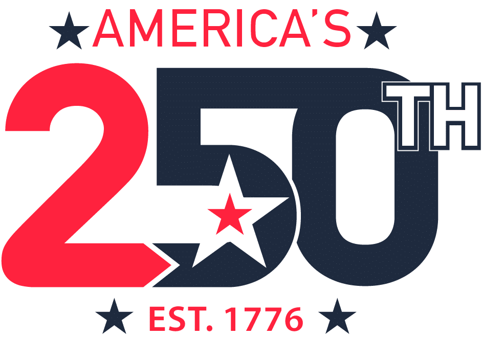 Patriotic logo celebrating America's 250th anniversary with red and blue typography and stars, EST. 1776.