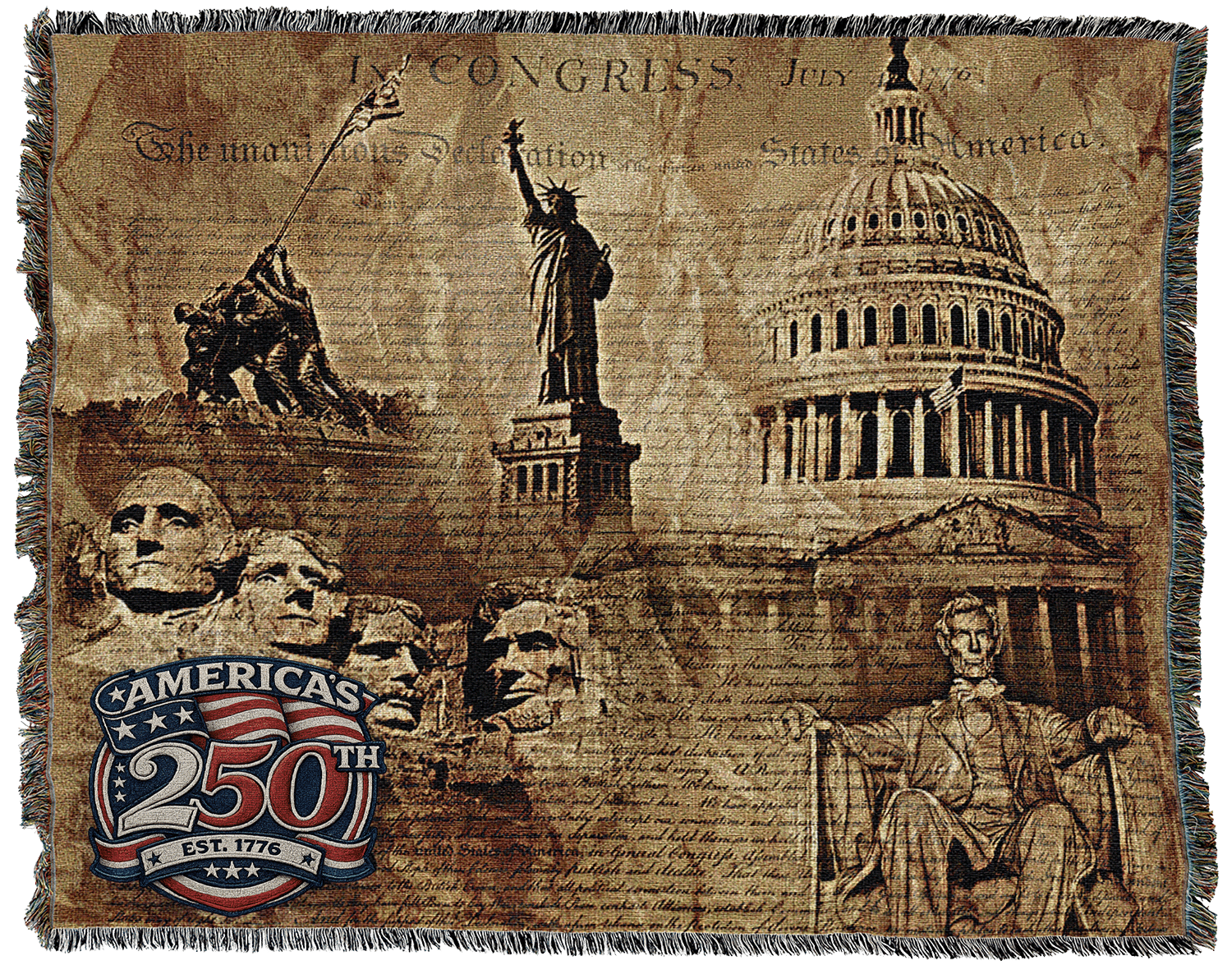 Collage blanket showing US landmarks: Capitol dome, Statue of Liberty, Mount Rushmore, and a 250th anniversary badge.
