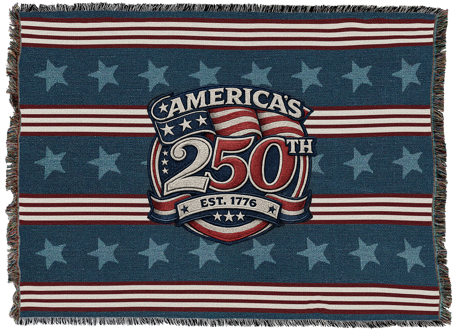 Patriotic rug with a blue field of stars, red-and-white stripes, and a central 'America 250' emblem with 'Est. 1776'.