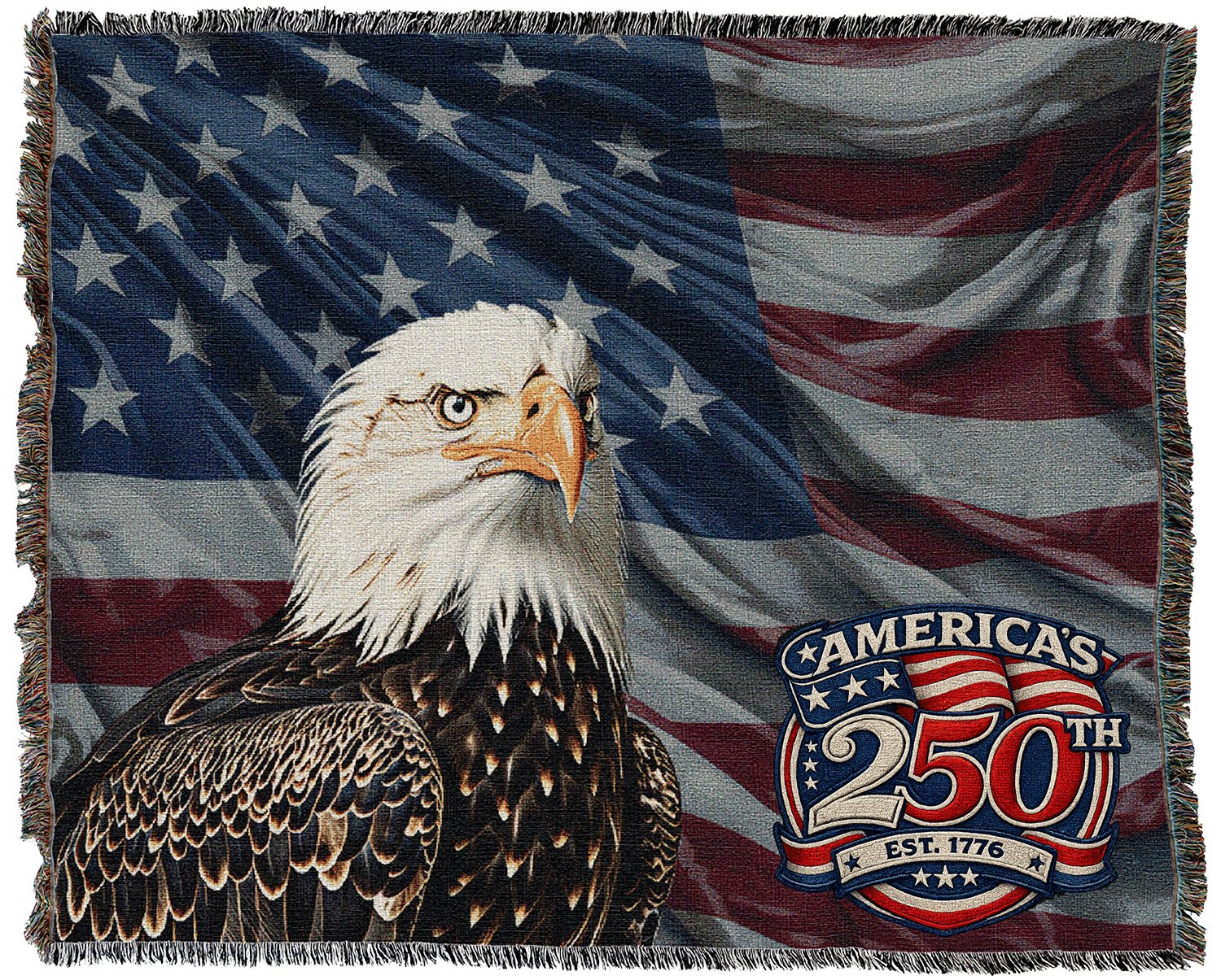 Decorative grey throw blanket showing Mount Rushmore with a sunset and pine trees, plus an American 250 emblem in the lower right.