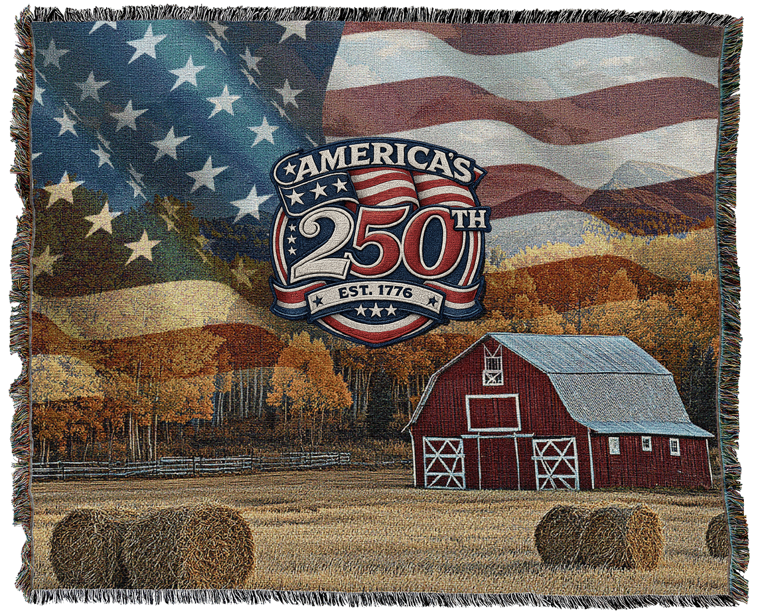 Decorative grey throw blanket showing Mount Rushmore with a sunset and pine trees, plus an American 250 emblem in the lower right.