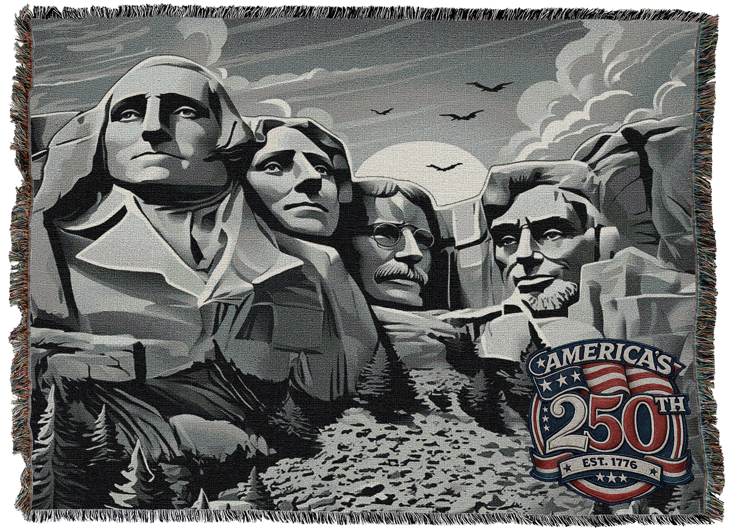 Decorative grey throw blanket showing Mount Rushmore with a sunset and pine trees, plus an American 250 emblem in the lower right.