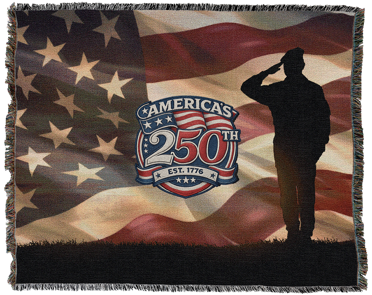 Fringed blanket displaying a waving American flag, a silhouetted saluting figure, and a commemorative 'America 250' badge on the center.