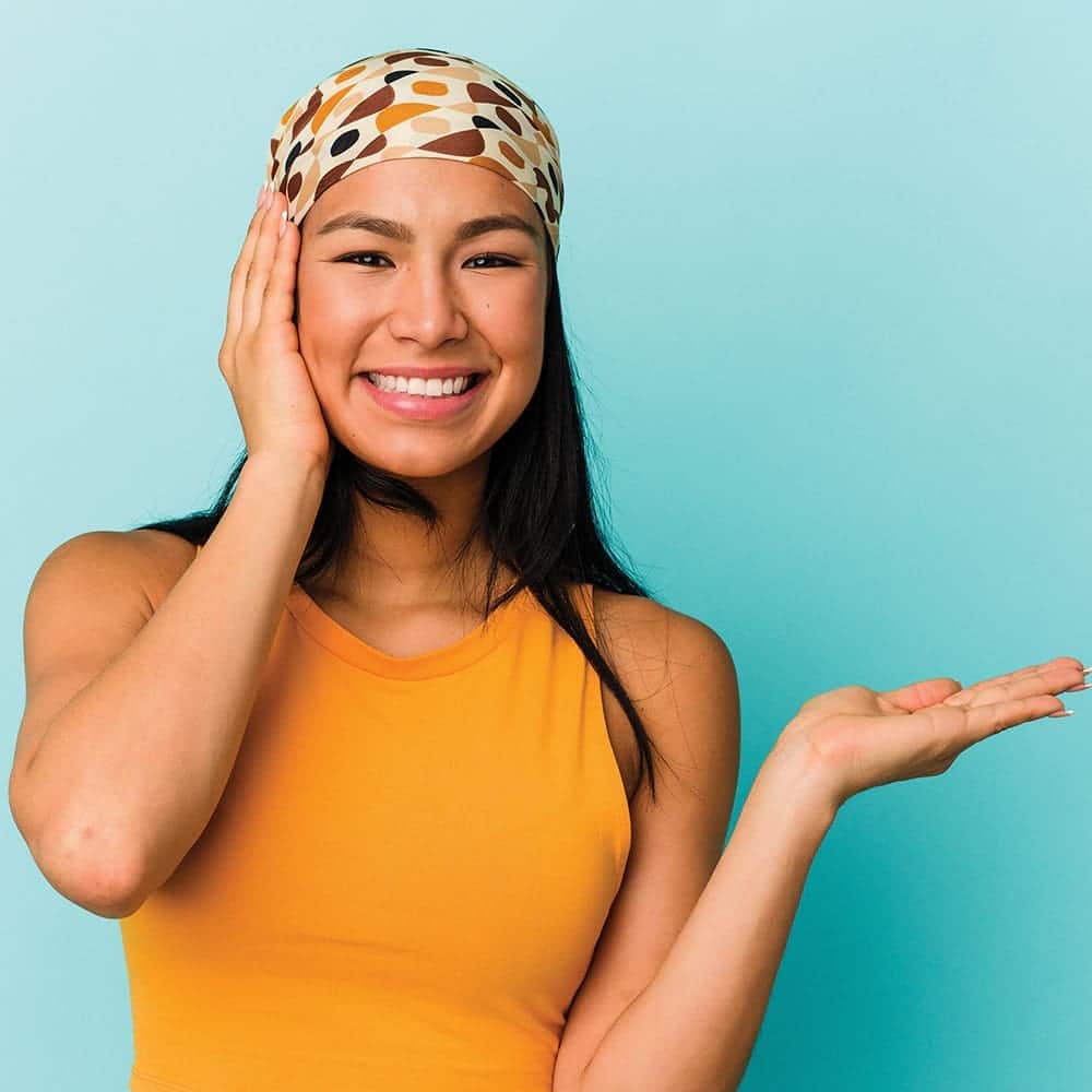 Asian girl with full color fashion scarf bandanna copy Bandanna Warehouse woman wearing a bandanna around her head