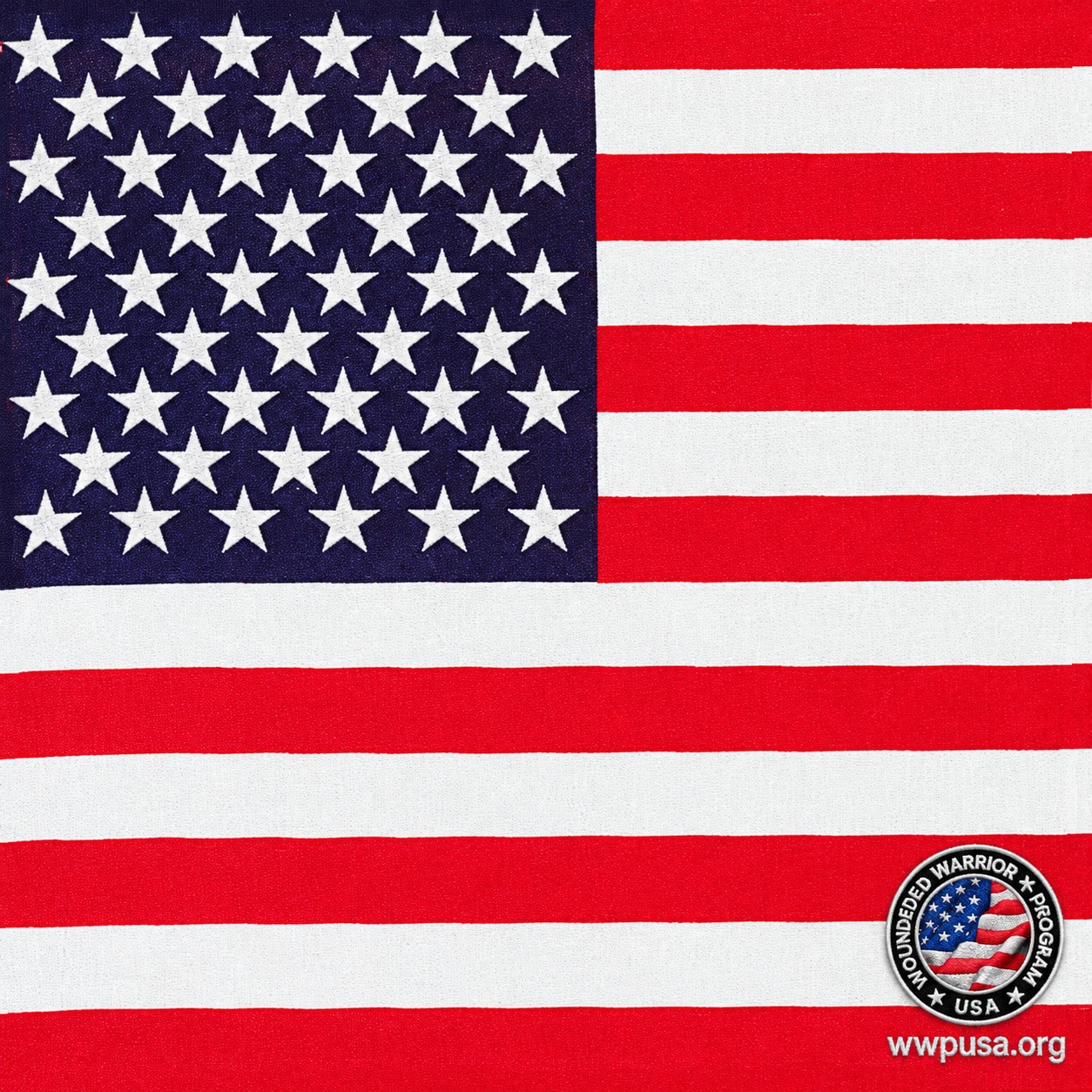 Embroidered American Flag Bandana The United States flag with a Wounded Warrior Project logo in the bottom right corner, featuring the text Wounded Warrior Project USA and the website wwpusa.org.