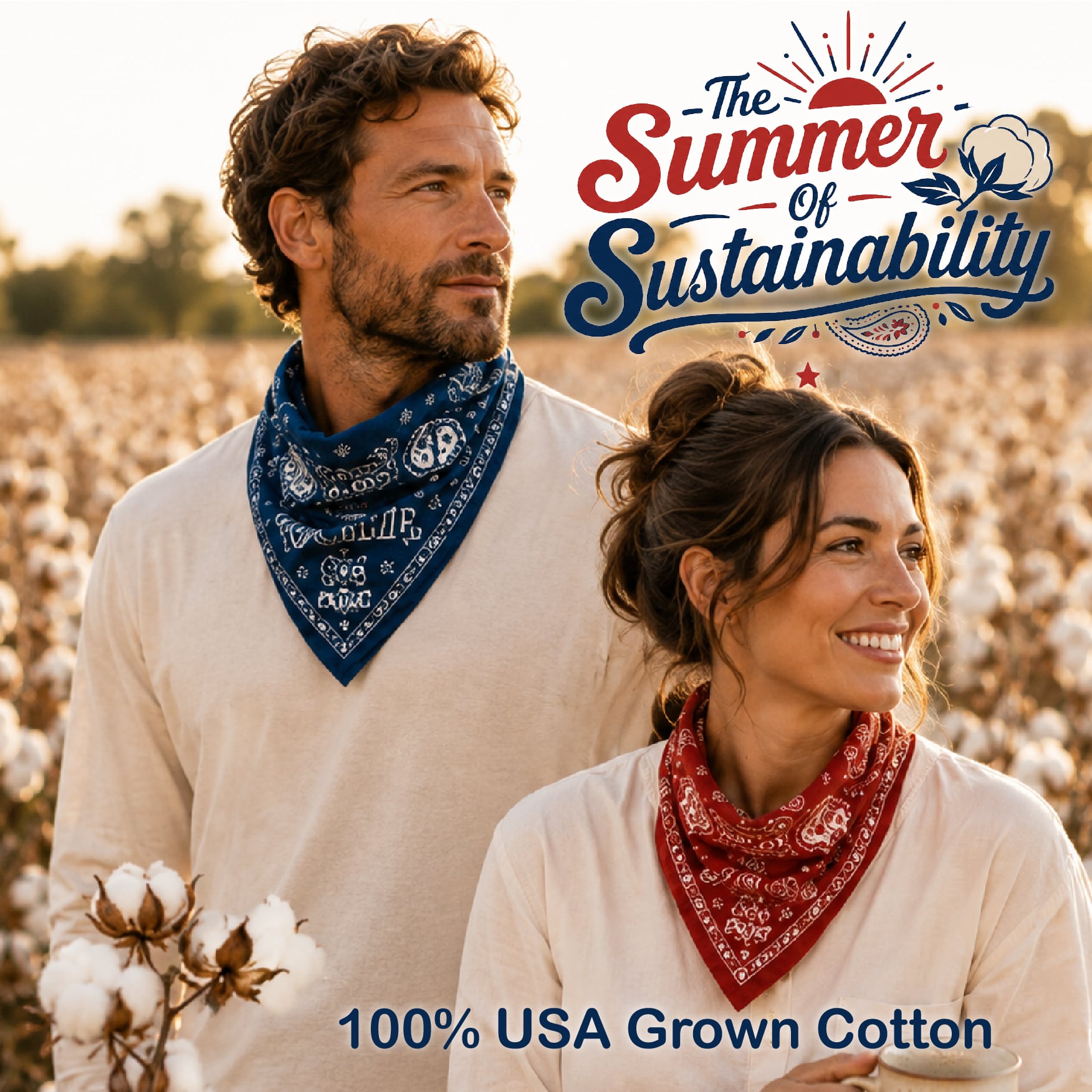 Summer os Sustainability Square2 Two adults in white shirts wearing blue and red bandanas stand in a cotton field at sunset, with the 'The Summer of Sustainability' branding.
