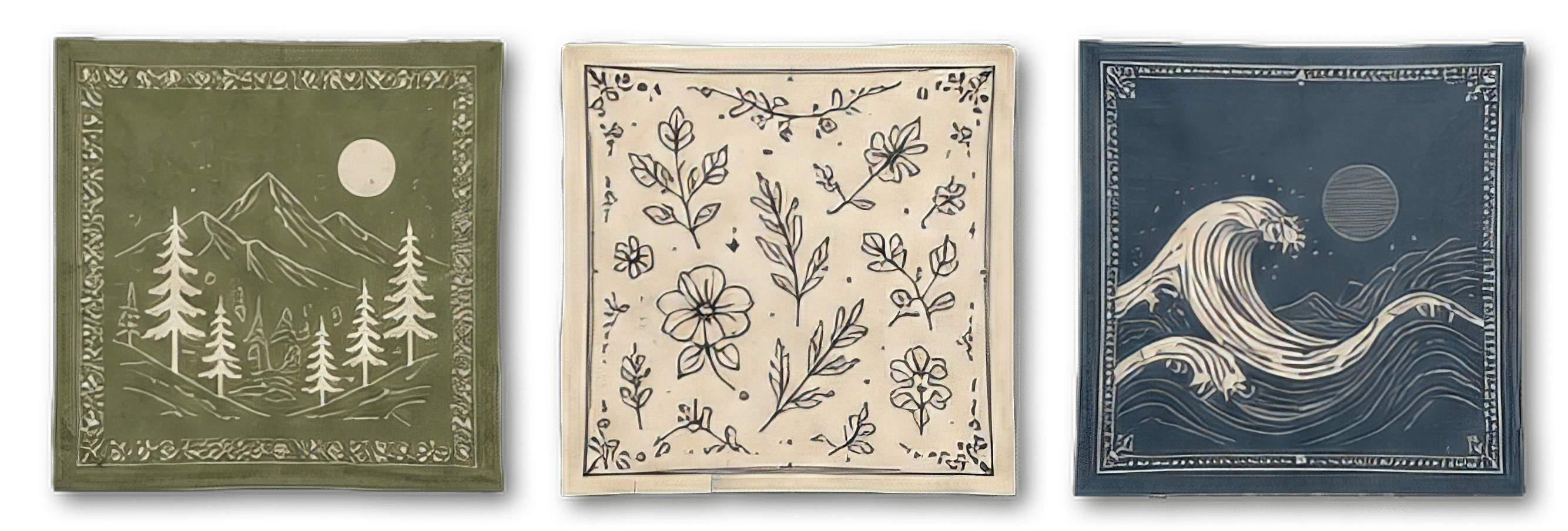 Green bandana square with a mountain landscape, pine trees, and a full moon.